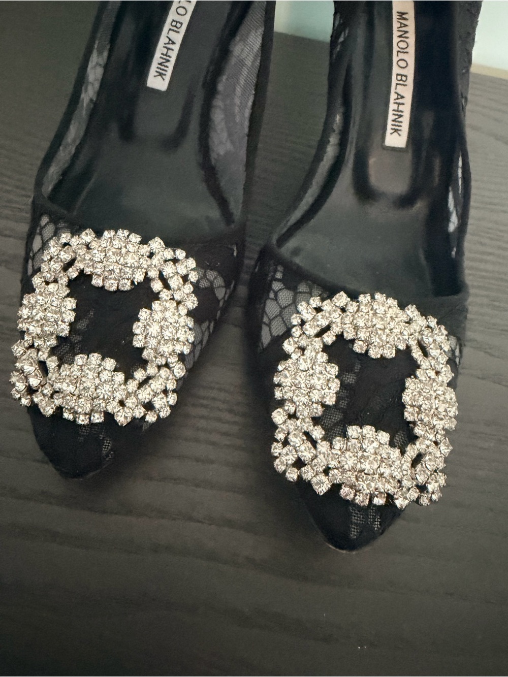 Manolo Blahnik Black Lace Pumps with Crystal Buckle - Picture 3 of 12